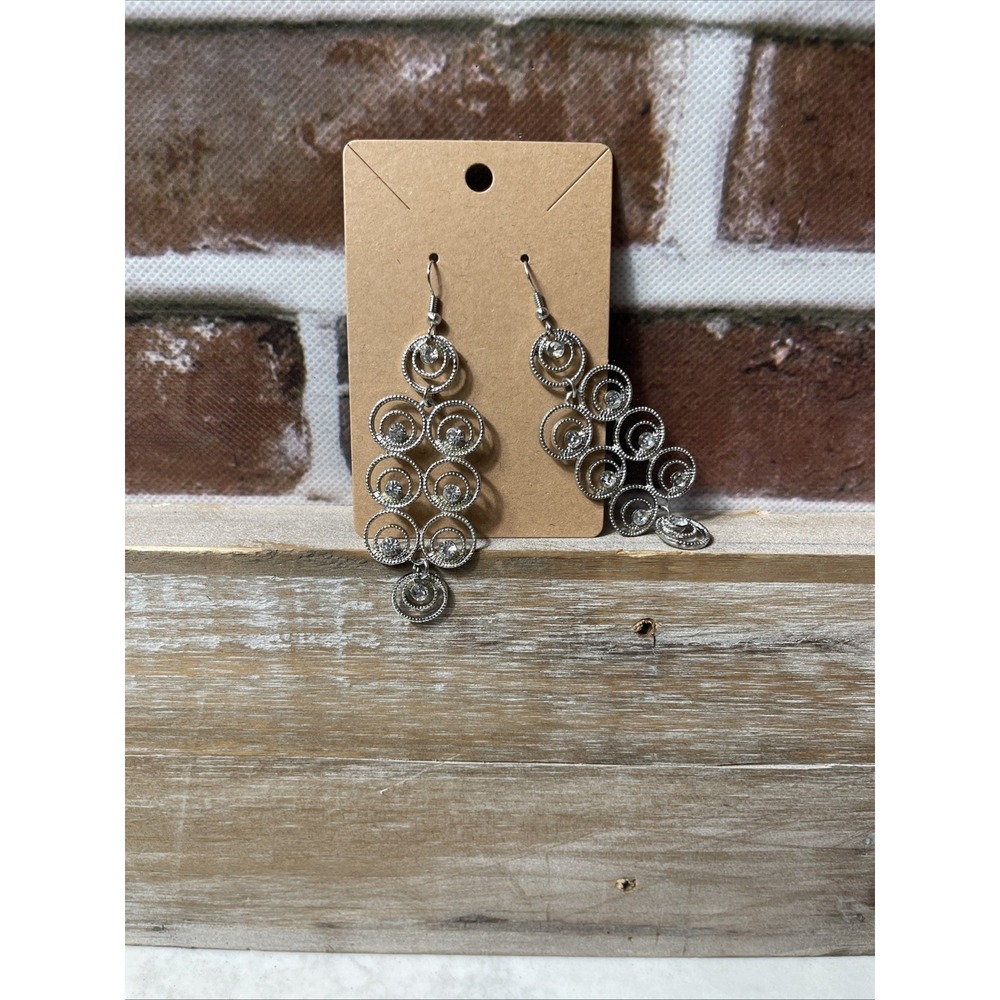 Chic Silver Tone Nested Circle Dangle Earrings Textured Sparkle Statement
